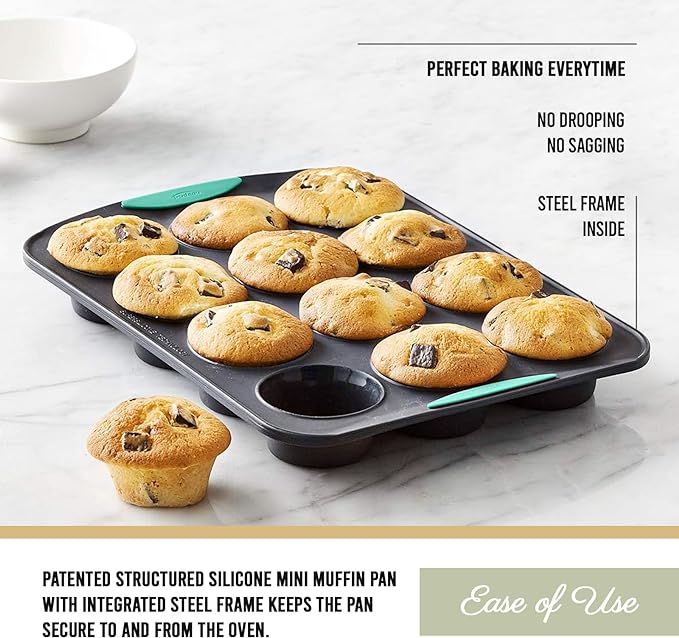 Trudeau Structure Silicone Muffin Pan – 12 Cup, Flexible Silicone with Hard Lining to Hold Shape, Non-Stick, BPA-Free, Dishwasher Safe, Heat Resistant to 428°F – Grey/Mint