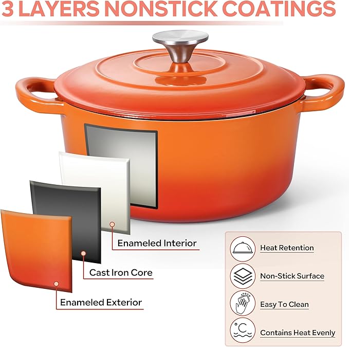 Herogo Enameled Cast Iron Dutch Oven with Lid and Dual Handles, 3QT Heavy Duty Round Dutch Oven Pot for Bread Baking Stewing Roasting, Nonstick & Easy Cleanup, Safe for Various Stovetops - Orange