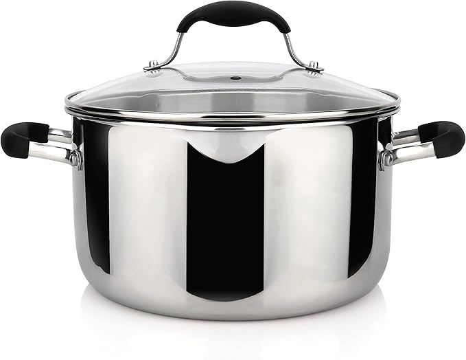 AVACRAFT Tri-Ply Stainless Steel Stockpot with Glass Strainer Lid, Side Spouts, 6 Quart Multipurpose Sauce Pot