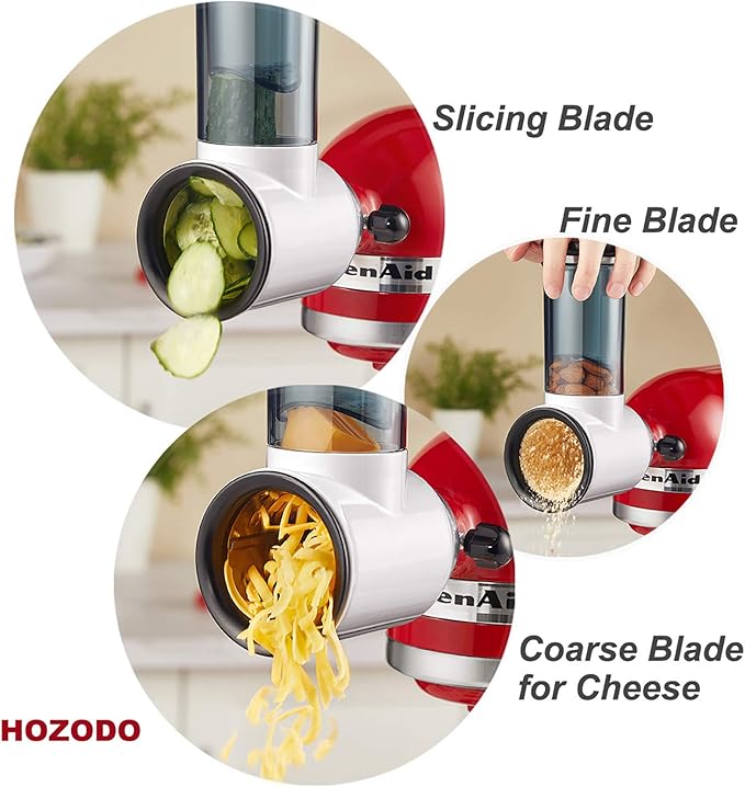 Slicer Shredder Attachment for KitchenAid Stand Mixer, Cheese Grater Attachment for KitchenAid Stand Mixer, Food Processor with 3 Blades by Hozodo