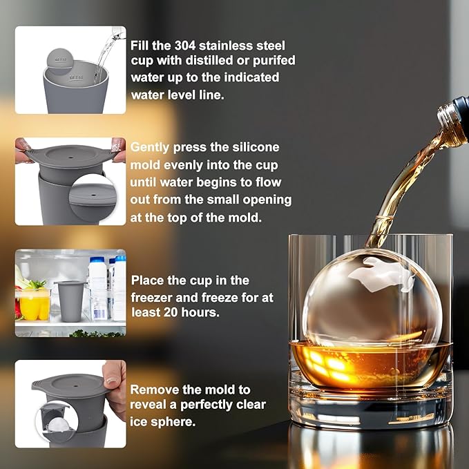 Clear Ice Cube Maker, 2.5" Easy-Release Sphere Ice Maker, Stainless Steel Clear Ice Maker, Non-BPA Premium Silicone Ice Cube Molds for Cocktails, Drinks & Bourbon, Whiskey Gifts for Men - 1 Pack