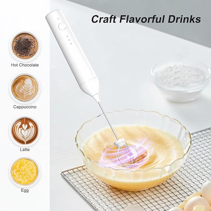 Powerful Electric Milk Frother with Wand and Egg Whisk Attachments, 3 Speed Adjustable Rechargeable Foam Maker Mixer, Milk Frother Handled for Coffee, Protein Powder (White without Stand)