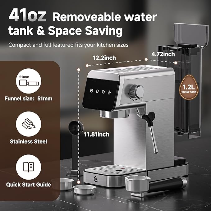 AMZCHEF Espresso Coffee Machine|20 Bar Pressure System|LED Touch Screen|Compact Design Perfect for Home & Office|41oz Water Tank