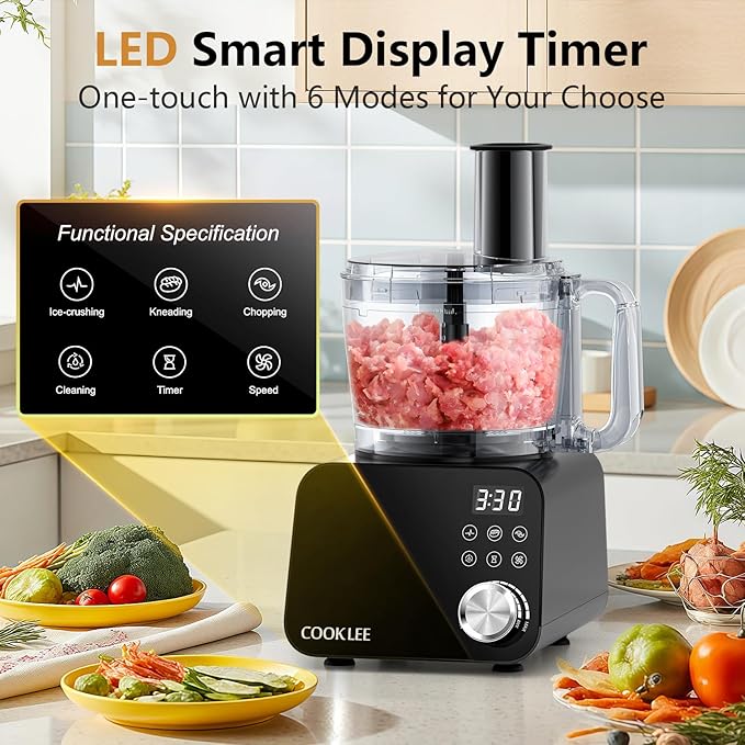 COOKLEE Food Processor, 600 Watts, 6 Functions Electric Food Chopper for Chopping, Mincing, Dicing, Shredding, Slicing, Purees & Dough with 12cup Processor Bowl, Food Chute & Pusher, Black