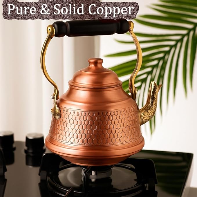 Vintage 100% Pure Solid Copper Turkish Hammered TeaPot Tea Kettle Pot for Stovetop Stove Top Infuser Decorative Fancy Arabic Moroccan Party Serving Kitchen Antique Handmade Unique Style Gooseneck Gift