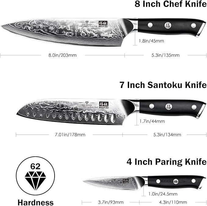 SHAN ZU Damascus Knife Set, Japanese Super Steel 3 PCS Damascus High Carbon Professional Ultra-Sharp Kitchen Chef Knife Set with G10 Handle Gift Box
