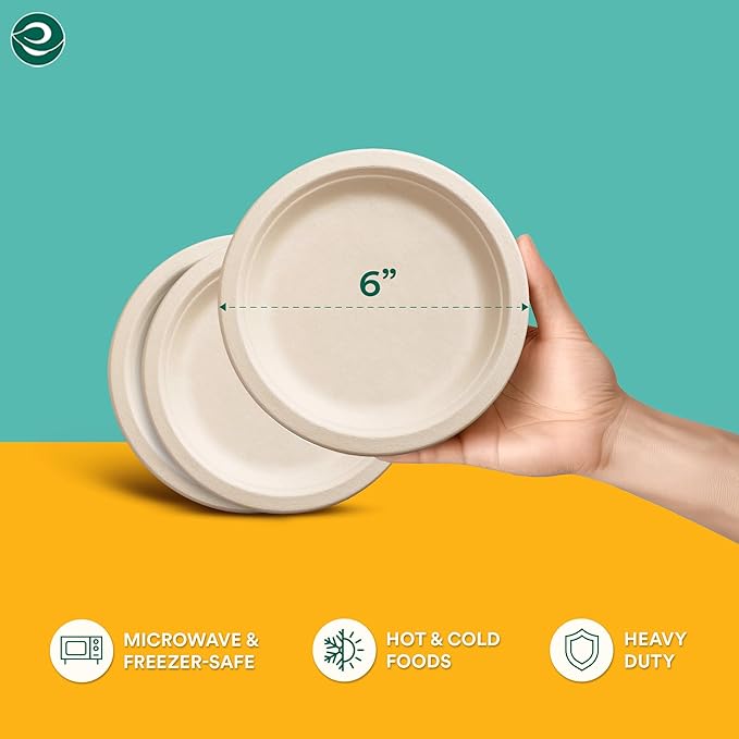 ECO SOUL Compostable Paper Plates 6 Inch (200 Count) Heavy Duty Disposable Dessert Plates, Eco-Friendly Sugarcane Bagasse Small Plates For Appetizer- Natural Brown