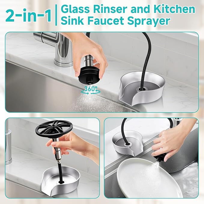 Glass Rinser for Kitchen Sink, High Pressure 360 Degree Rotating Spout Glass Rinser with Pull-out Spray Gun Design, Glass Cup Cleaner Sink Attachment Washer Baby Bottle, Glass Cup, Wine Glass (Silver)