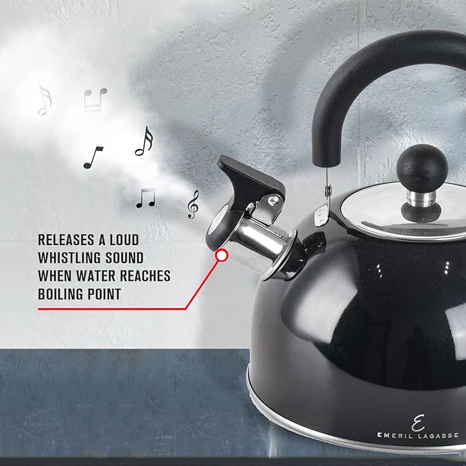 Emeril Lagasse 2.6 Quart/2.5 Liter Whistling Tea Kettle, Stainless Steel Tea Pot for Induction Stove Top, Fast to Boil Water for Home Kitchen Condo, with Ergonomic Cool Folding Grip Handle, Black