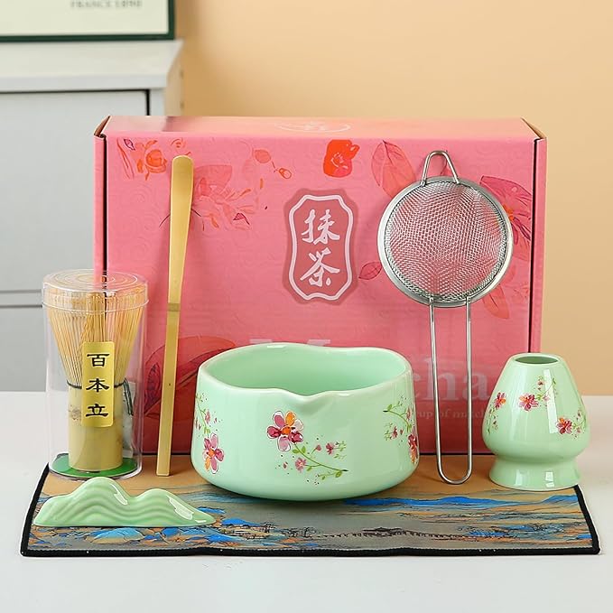 Matcha Set 7-Piece matcha whisk set，matcha set Kit, 1matcha whisk, 1 Scoops, Strainer, macha whisk set green matcha kit