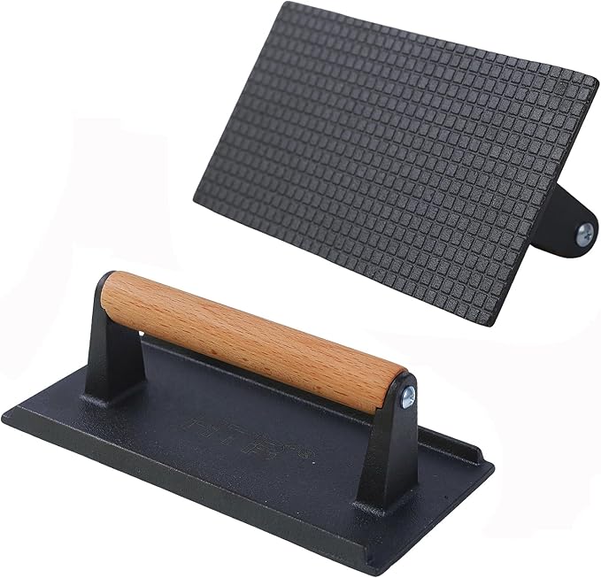 HTB Heavy-Duty Cast Iron Barbecue Press, Wood Handle Meat Steak Smash for Juicy Crispy Burgers on BBQ, Griddle, Camping Rectangle (Checked Pattern 088S)