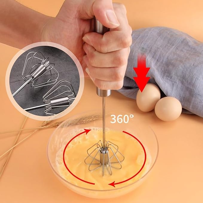 12 Inch Stainless Steel Semi-Automatic Whisk, Easy Whisk Handheld Mixer, Rotating Hand Push Mixer Egg Beater, Egg Scrambler for Blending, Beating, Frothing, Stirring (Black)