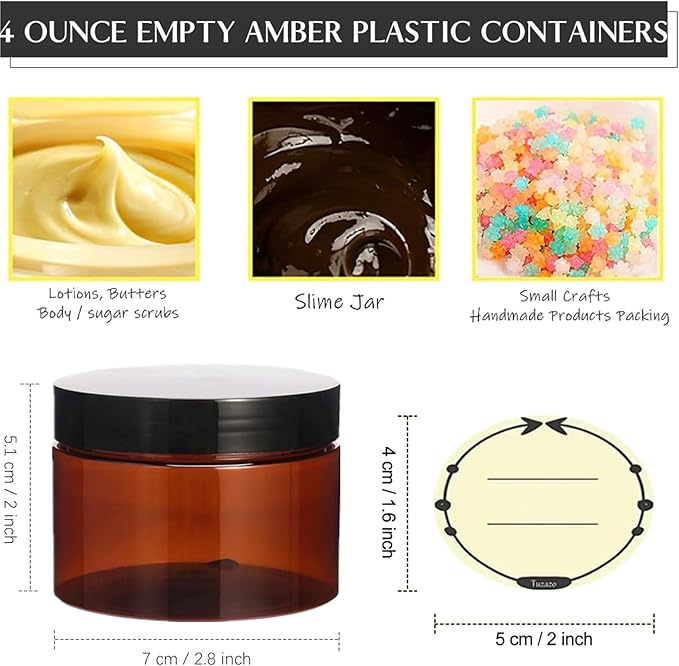 TUZAZO 4 Oz Amber Plastic Cosmetic Jars Leak Proof Small Container with lids for Cream, Lotion, Powder, Ointments, Beauty Products, 24 Pcs