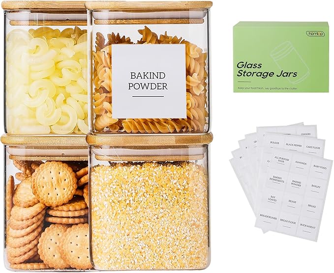 Glass Food Storage Containers with Lids 4 Pack, 4 Inch Wide Mouth 25 Oz High Borosilicate Glass Jars for Coffee Bean, Candy, Cookie, Flour, Square