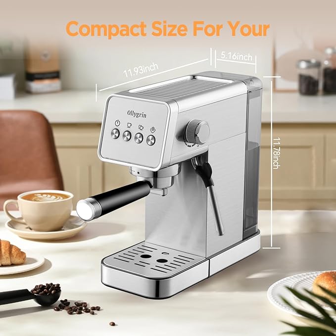 Espresso Machine,15 Bar Semi-Automatic Espresso Maker with Milk Frother,Compact Stainless Steel Coffee Machine with 40oz Removable Water Tank for Cappuccino,Latte, Americano,Sliver for Home