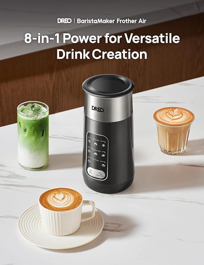 DREO 8-in-1 Milk Frother [Upgraded], Electric Stainless Steel Frother for Latte Art Microfoam and Coffee, 9oz/270ml Warm and Cold Foam Automatic Frothers, LED, Easy to Clean