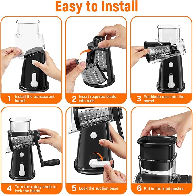 Rotary Cheese Grater Hand Crank with 5 Interchangeable Blades, Vegetable Slicer Chopper for Fruit Vegetable Nuts, Mandoline Slicer for Kitchen with Blades Rack & Suction Base, Black