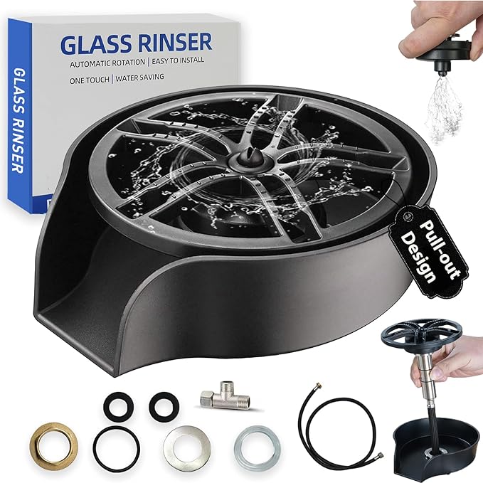 Glass Rinser for Kitchen Sink, High Pressure 360 Degree Rotating Spout Glass Rinser with Pull-out Spray Gun Design, Glass Cup Cleaner Sink Attachment Washer Baby Bottle, Glass Cup, Wine Glass (Black)