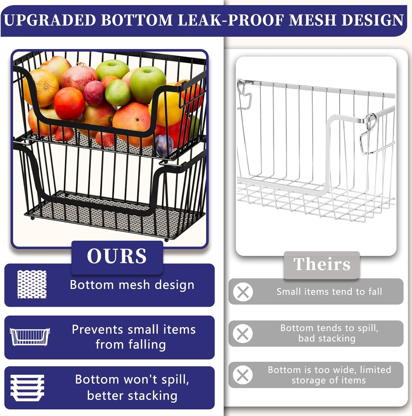 Enhanced Leak-Proof Bottom Stackable Wire Baskets, 6 Pack Pantry Organizers and Storage, pantry storage，Shelf Baskets, Fruit Basket, Potato and Onion Storage Bins，(Black)