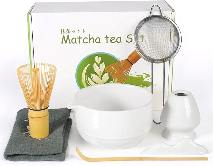 7Pcs Matcha Whisk Set,Ceramic Matcha Tea Set Includes Whisk Matcha Bowl Scoop and Whisk with Holder Sifter Towel,Elegant Matcha Kit Gift for Matcha Enthusiasts and Tea Lovers(White)