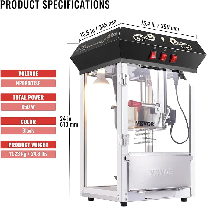 VEVOR Popcorn Maker, 850W Popcorn Popper Machine, 8 Oz Kettle Makes 48 Cups per Batch, Countertop Popcorn Maker with Tempered Glass, Includes 4 Scoops, Movie Theater Style, Black