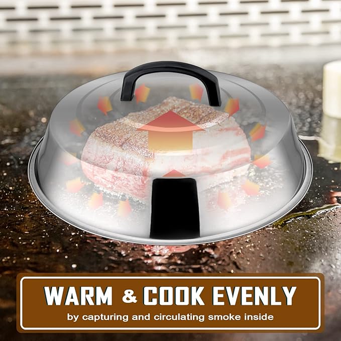 HaSteeL 12In Cheese Melting Dome & 5.5In Bacon Press, Stainless Steel Round Basting Cover, Smash Metal Burger Griddle Grill Press Weight for Teppanyaki Flat Top Iron Skillet Cooking, Dishwasher Safe