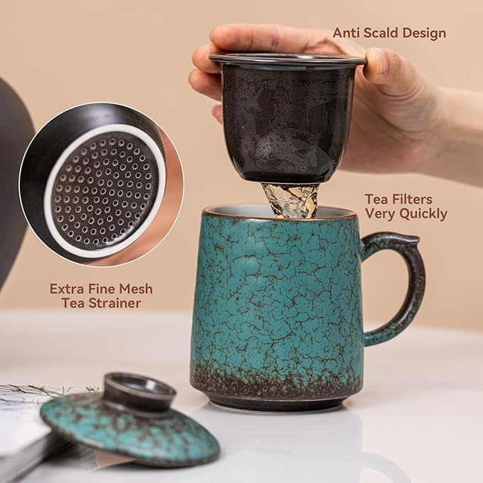 Tea Cup with Infuser and Lid 15oz - Kiln-Transformed Ceramic Mug with Peacock Glaze, Unique Loose Leaf Tea Set, Anniversary Birthday Gift
