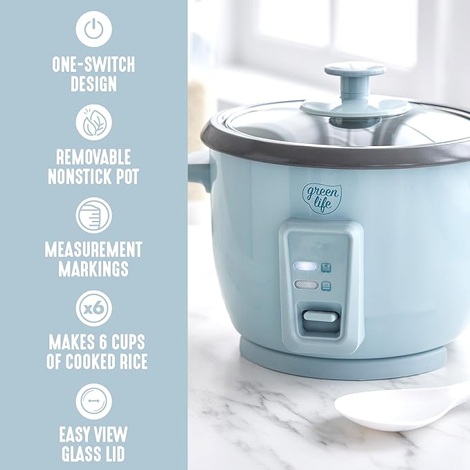 GreenLife Electric Rice Cooker, 3-Cups Uncooked/6-Cups Cooked, Removable PFAS-Free Nonstick Pot, One-Switch Design, Auto Keep Warm, Small Space Saving, Rice Paddle, Soup, Grains, Oatmeal, 1.5 QT, Blue