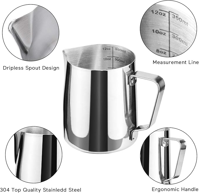 12oz Milk Frothing Pitcher, Stainless Steel Espresso Latte Steaming Pitcher, Milk Frother for Coffee Cappuccino With Latte Art Pen - Barista Tools and Espresso Machine Accessories