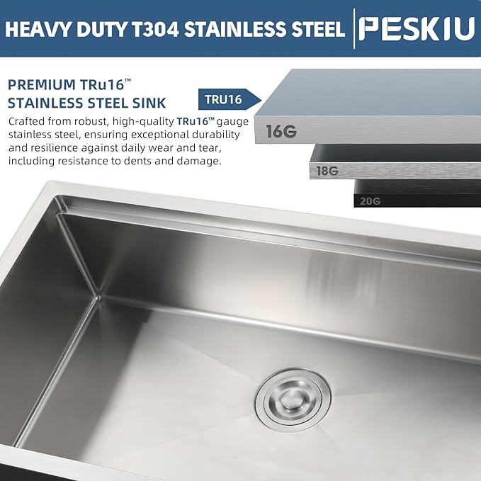 30"x19" Undermount Kitchen Sink, 16 Gauge Single Bowl Stainless Steel Kitchen Sink with Nano Coating & Brushed Finish, Modern Single Bowl with Ledge and Accessories