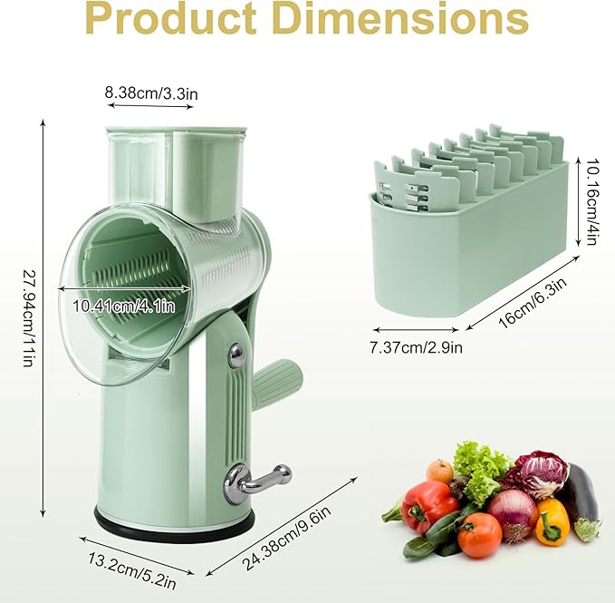 Rotary Hand Crank Cheese Grater, 5-in-1 Replaceable Stainless Blades Vegetable Shredder with Handle and Strong Suction Base, Easy-Clean Multipurpose Kitchen Slicer with Blade Storage Box(Green)