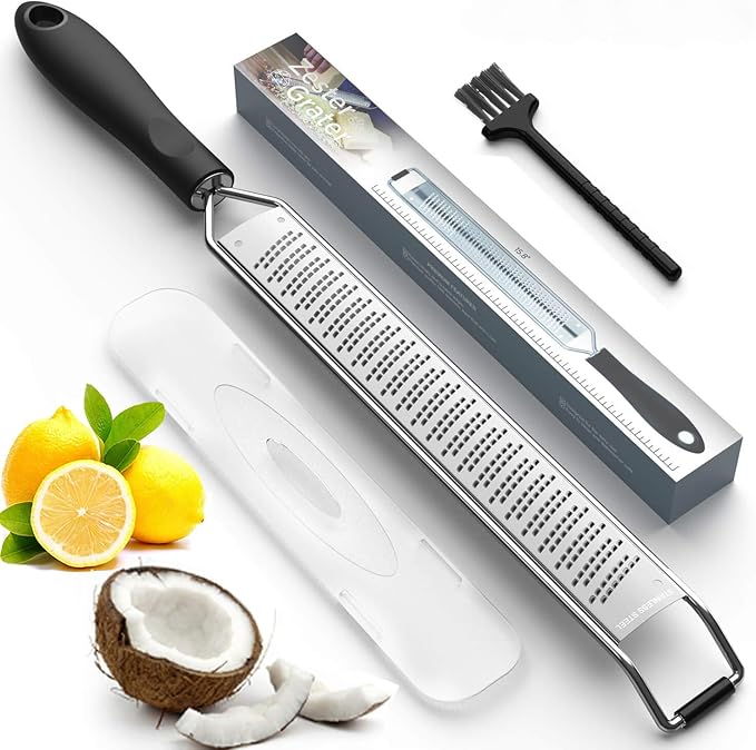 Lemon Zester & Cheese Grater – Premium Stainless Steel - A Sharp Kitchen Tool for Cheese Grater, Ginger, Garlic, Nutmeg, Chocolate, Vegetables, Fruits, Dishwasher Safe, Black B