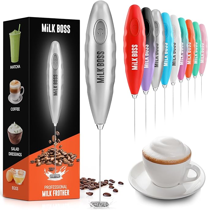 Milk Boss Matcha Whisk - Handheld Electric Stirrer - Matcha Frother Wand & Drink Mixer - Electric Whisk for Matcha Tea & Green Tea - Durable Stainless Steel Matcha Blender - Silver Comfortable Grip