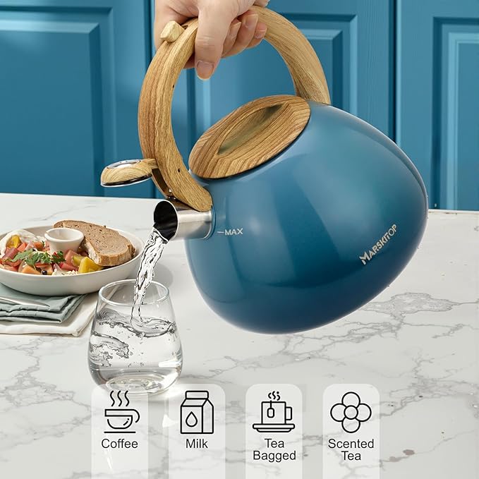 MARSKITOP Tea Kettle Stovetop Whistling, 2.6 Quart Tea Pot for Stove, Food Grade Stainless Steel Teapot for Stovetop with Anti-Hot Handle, Suitable for All Heat Sources, Blue