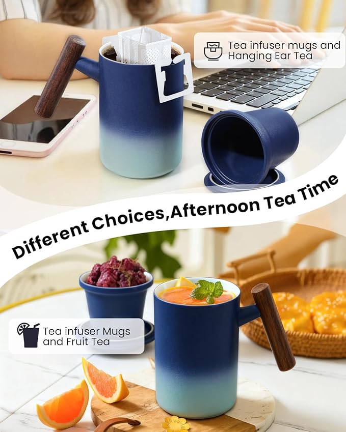 15 OZ Porcelain Tea Infuser Cup with Lid,Ceramic Tea Mug with Porcelain Strainer for Loose Leaf,Tea Strainers Cup with Wood Handle,BPA-Free,Gifts for Tea's Lover(Gradient Blue)