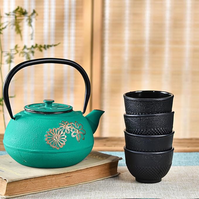 Sungmor Cast Iron Teacups - Set of 4 & 5 Ounce Japanese Style Tea Cups - Heavy Weight Black Polka Dot Teacups - Coated with Enameled Interior Vintage Teacups for Households, Offices, Tea House