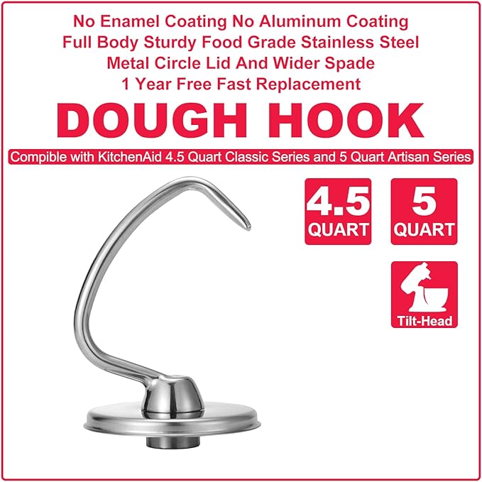 Stainless Steel Dough Hook for KitchenAid 4.5/5 Quart Tilt-Head Stand Mixer, Fit for Classic, Classic Plus and Artisan Serie K45SS, KSM75, KSM90, KSM95, KSM150, Heavy Duty and Dishwasher Safe