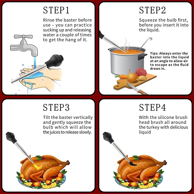 Turkey Baster With Cleaning Brush, Stainless Steel Baster Tool for Cooking-Baster Syringe for Roaster Turkey, Include 2 Meat Marinade Injector Needles for Thanksgiving