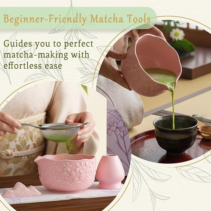 8 Pcs Pink Cherry Blossom Matcha Whisk Set Bowl with Spout Bamboo Chasen Sifter Spoon Scoop Whisk Holder Bamboo Mat Complete Matcha Making Kit
