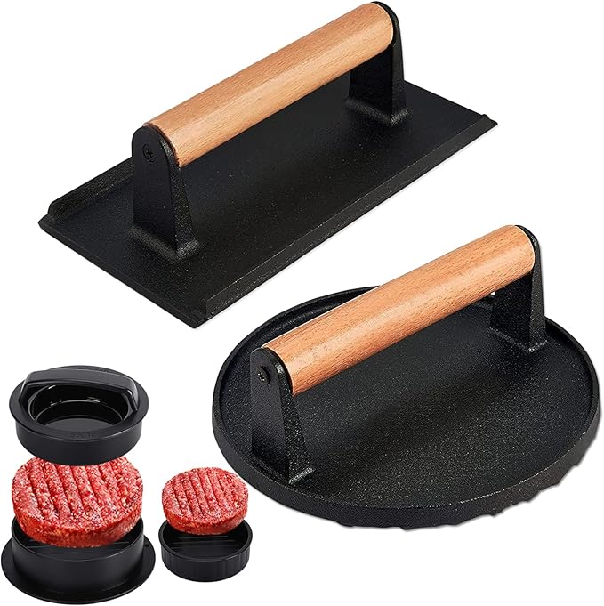 3PCS Smash Burger Press Kit, Round & Rectangle Meat Press for Griddle, Cast Iron Grill Press with Upgrade Wooden Handle for Blackstone Camp Chef Pitboss
