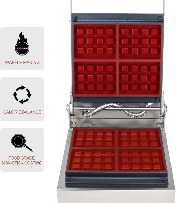 Waffle Maker Machine Rectangle Commercial New Electric Nonstick Deep Waffle 4 Pcs Iron with Temperature and Time Control and Stainless Steel 110V for Home Kitchen Parties Use