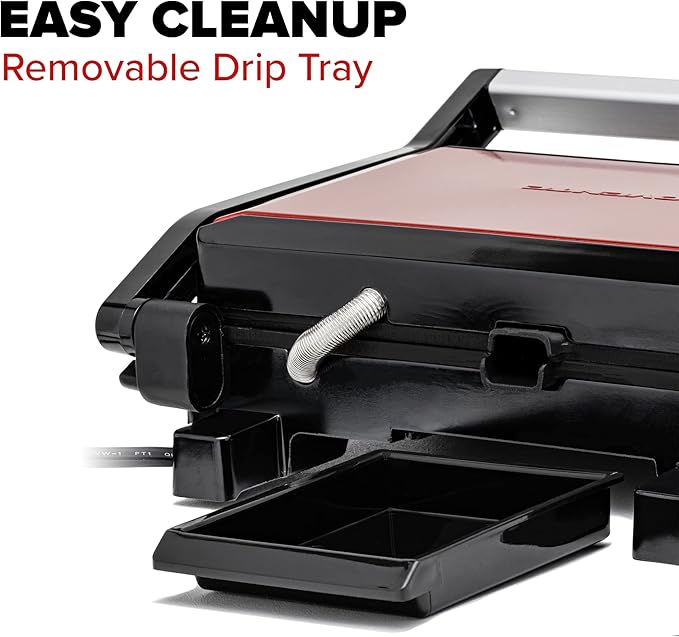 OVENTE Electric Indoor Panini Press Grill and Sandwich Maker with Non-Stick Coated Plates, Cool-Touch Handle and Removable Drip Tray, Opens 180 Degrees to Fit Any Type or Size of Food, Red GP0540R
