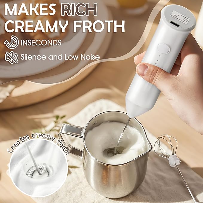 Milk Frother - Electric Handheld Milk Foam Maker with 2 Stainless Steel Whisk, Rechargeable 3 Speeds for Coffee Lattes Cappuccino Matcha