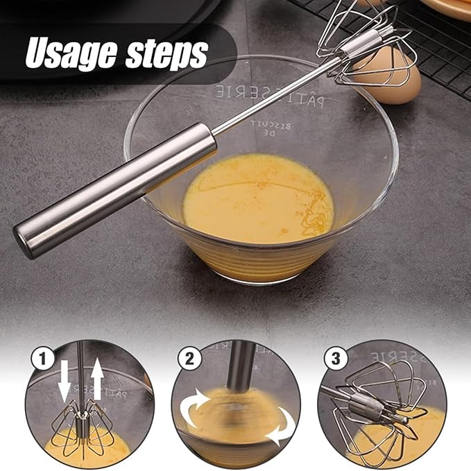 Stainless Steel Semi Automatic Whisk - 12 Inch Easy Whisk Rotating Hand Egg Beater for Milk Frother, Dough, Cream, Matcha, Hand Push Kitchen Mixer for Blending, Whisking, Beating & Stirring (4 All)