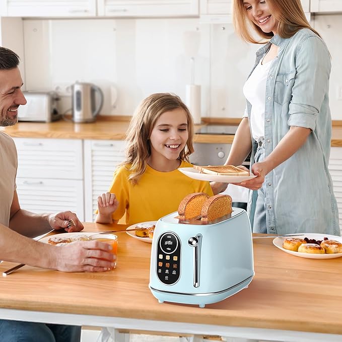 Keenstone Smart Touch Screen Toaster 2 Slice, Retro Wide Slot Stainless Steel Toaster with 6 Browning Levels, Reheat & Defrost, for Bagel, Toast, Bread, Removable Crumb Tray, Blue