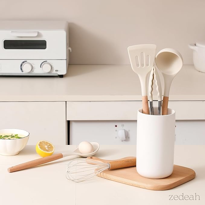 11-Piece Silicone Kitchen Utensil Set with Spatulas, Tongs, Whisk, Turner & Ladle – Heat Resistant, Non-Scratch Cooking Tools with Wooden Handles, Dishwasher Safe, BPA-Free (Beige)