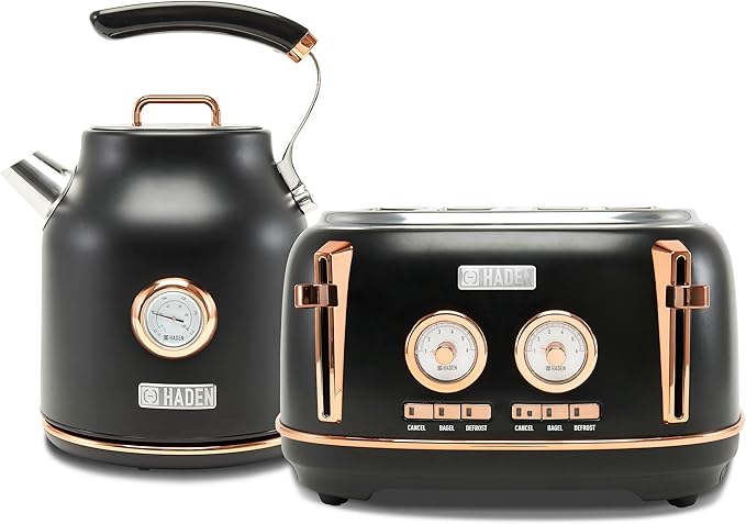Haden Dorset 1.7 Liter Stainless Steel Electric Kettle with 360-Degree Base Bundled with 4 Slice Wide Slot Stainless Steel Toaster, Black & Copper