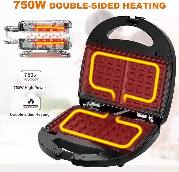 3-in-1 Mini Waffle Maker with Non-Stick Plates, Electric Sandwich Maker, Mini Donut Maker, Breakfast Sandwich Maker Press with Removable Plates, Compact Design & Adjustable Temperature Knob