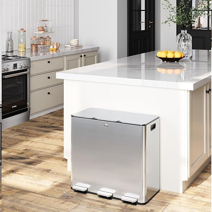 GarveeHome Trash Can 60 L/15.9 gal, Three Compartments Pedal Kitchen Recycling Trash Bin with Lids,Stainless Steel Garbage Can for Home Office Restaurant School Hospital