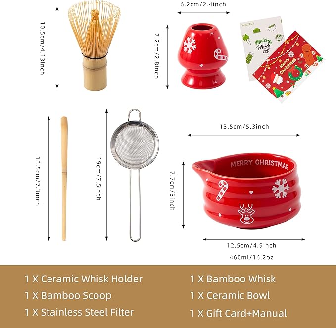 5pcs Premium Matcha Set,Ceramic Bowl with Spout and Bamboo Whisk set, Ceremonical Matcha Kit for breakfast/latte,Tea Starter Making Kit,Unique Matcha Gift set (Reindeer Red)